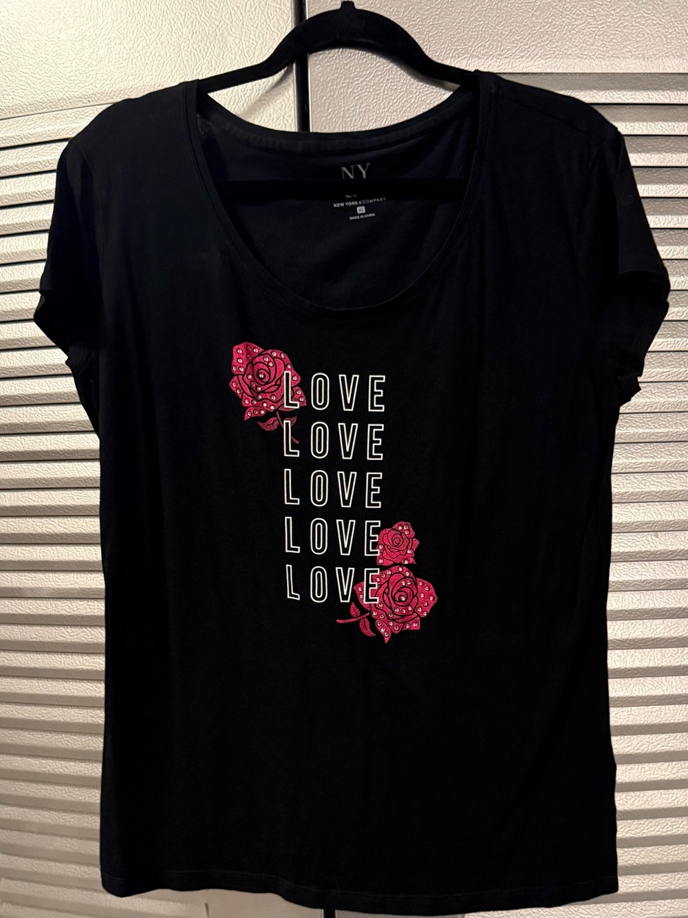 New York & Company Black Short-Sleeve Tee with Pink Rose LOVE Graphic